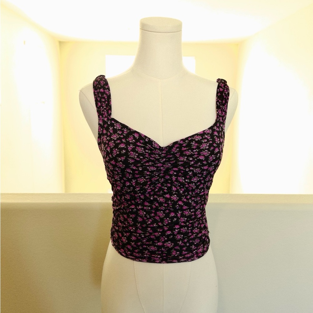Vintage 90s Floral Black and Pink Women's Top